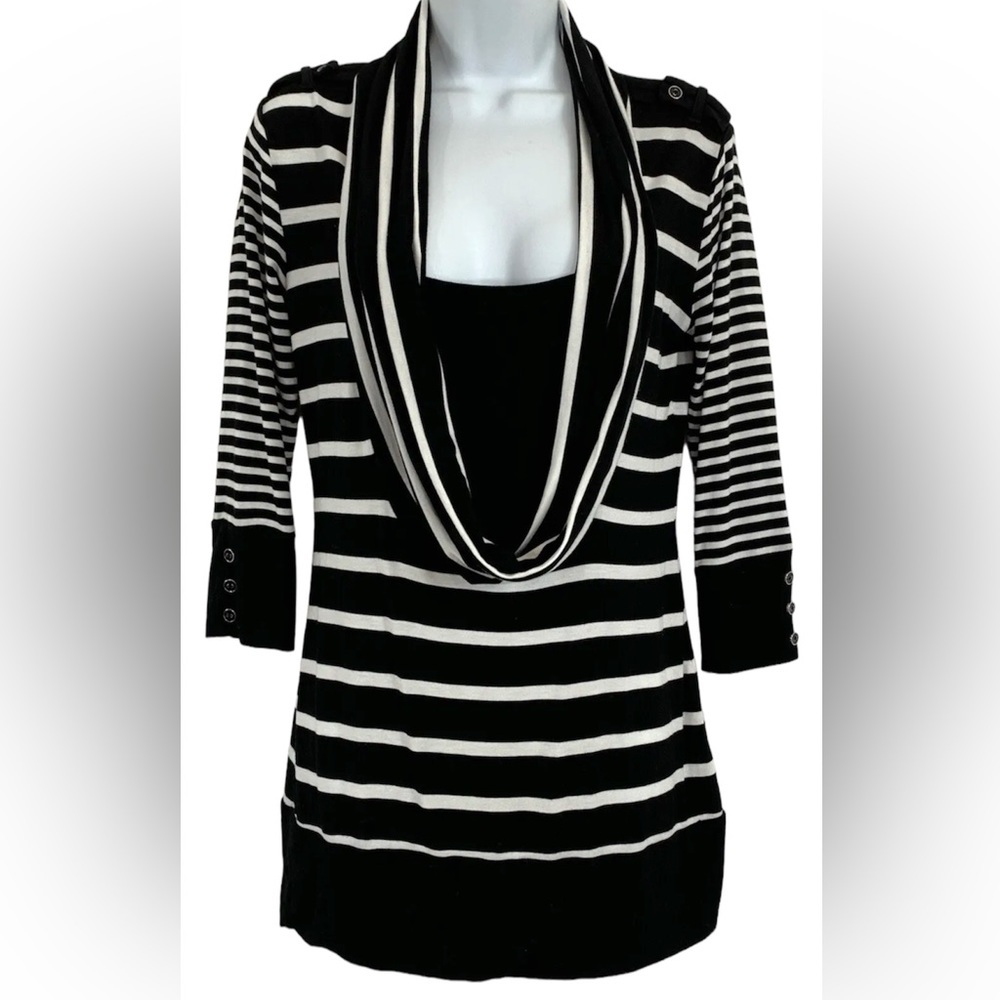 Linea Domani Stripped Scoop Cowl Neck Tunic Stretch Tank Top Black White Sleeve